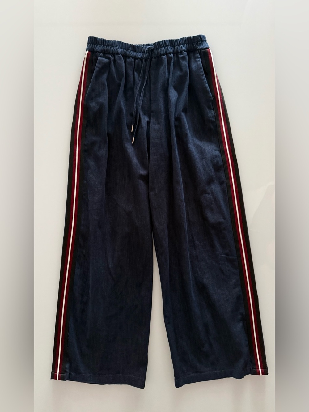 Zara Women’s Navy Blue Drawstring Wide Leg Pants W/ Side Stripe & Pockets - NWOT